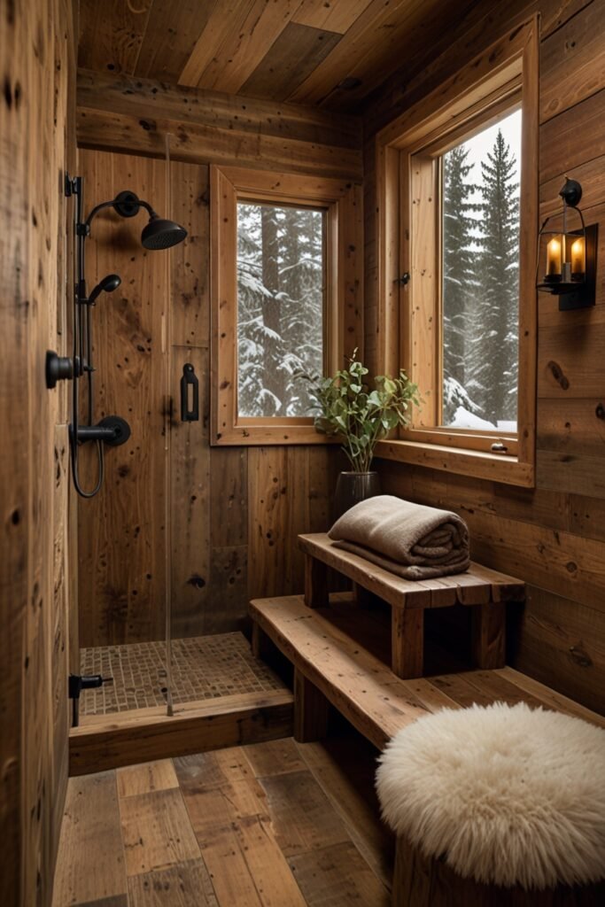 bathroom featuring a wooden shower bench for a rustic and relaxing experience.