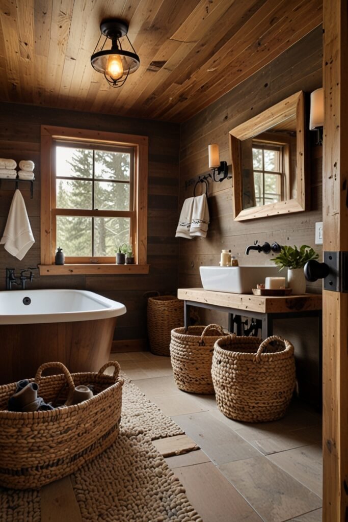 Mountain cabin bathroom featuring rustic woven baskets for organized and stylish storage.