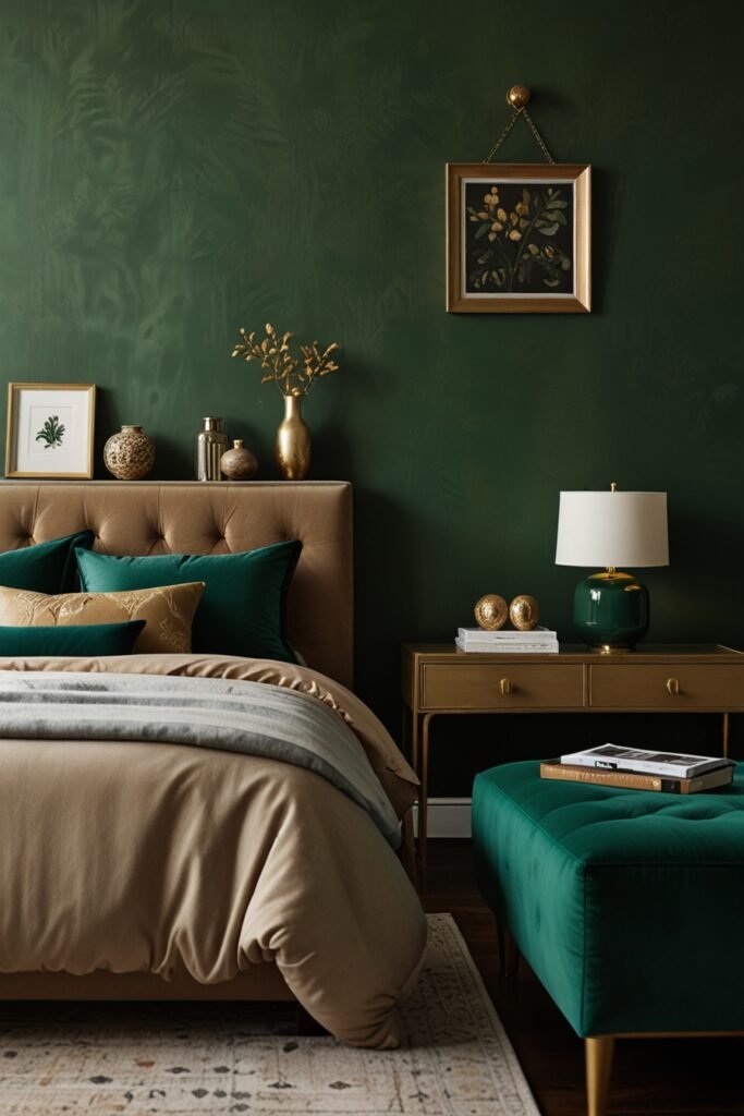 A bedroom featuring emerald green walls with wooden furniture and gold accents for a nature-inspired, elegant feel.