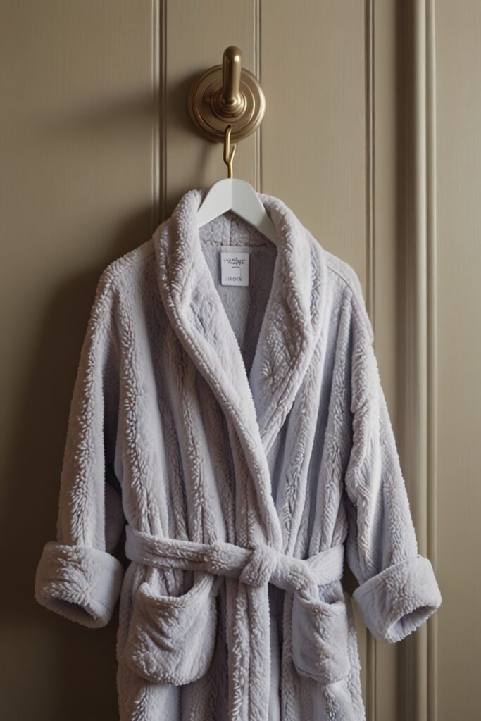 Soft bathrobe and slippers set hanging in a bathroom.