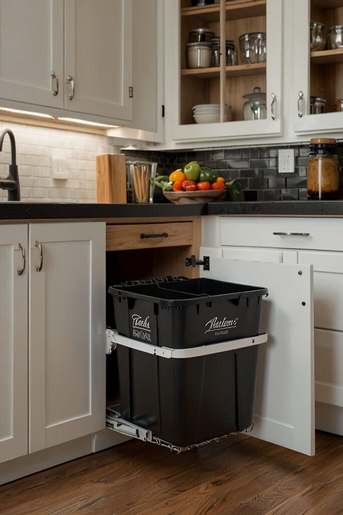 Under-cabinet pull-out trash can hidden neatly inside a kitchen.
