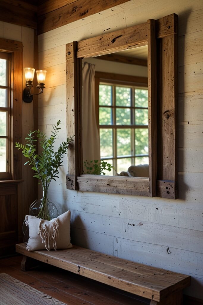Budget-friendly repurposed window frame mirror in a cabin.