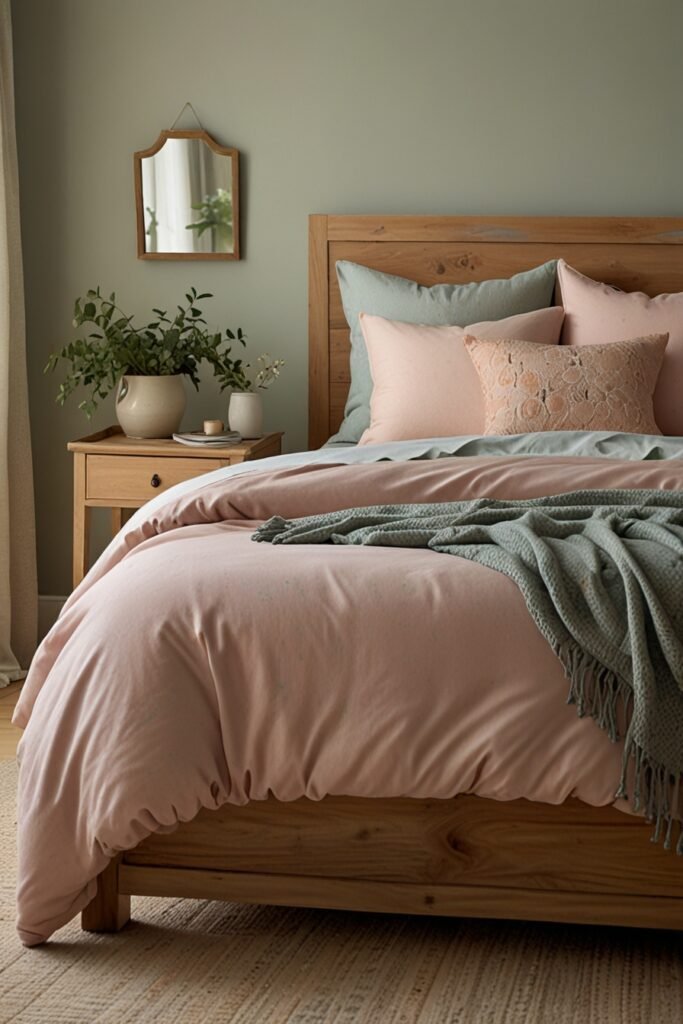 A calming bedroom featuring pastel pink walls, light wooden furniture, and cozy bedding.
