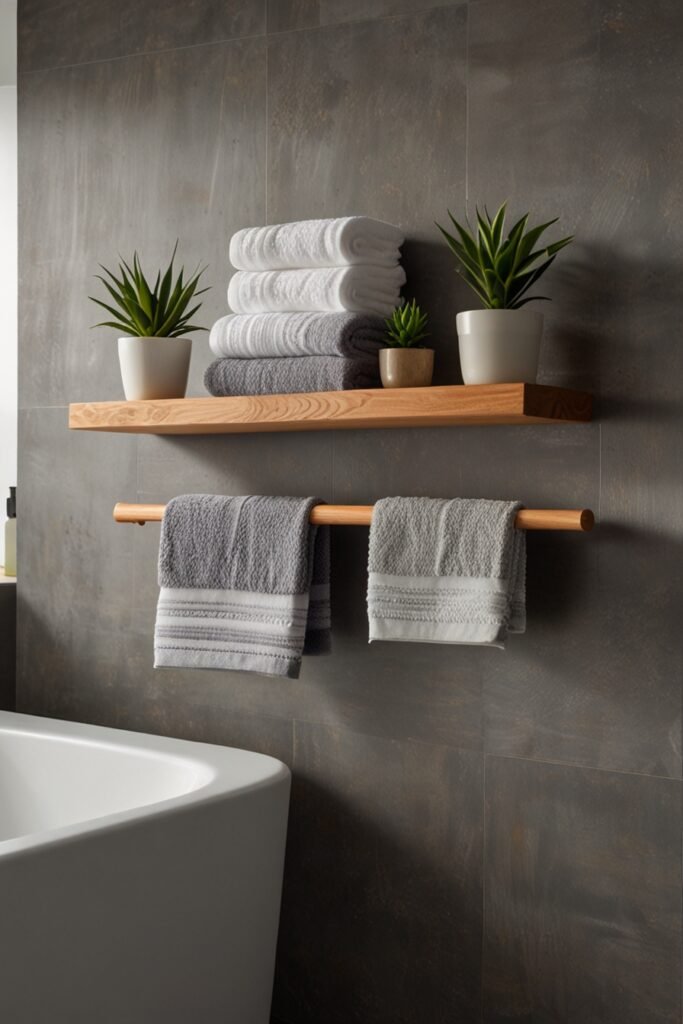 Floating shelves in a bathroom with towels and plants.