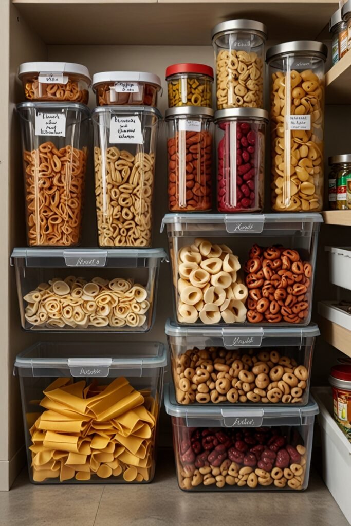 Stackable clear storage bins organizing pantry goods in a kitchen.
