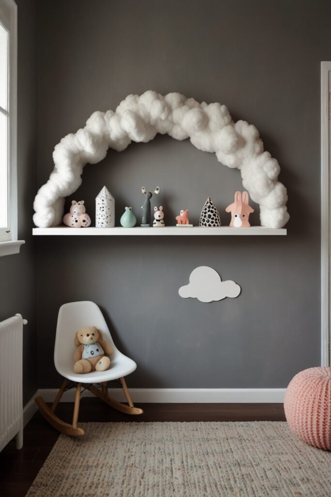 Easy DIY kids room with a whimsical cloud shelf for storage and decoration.