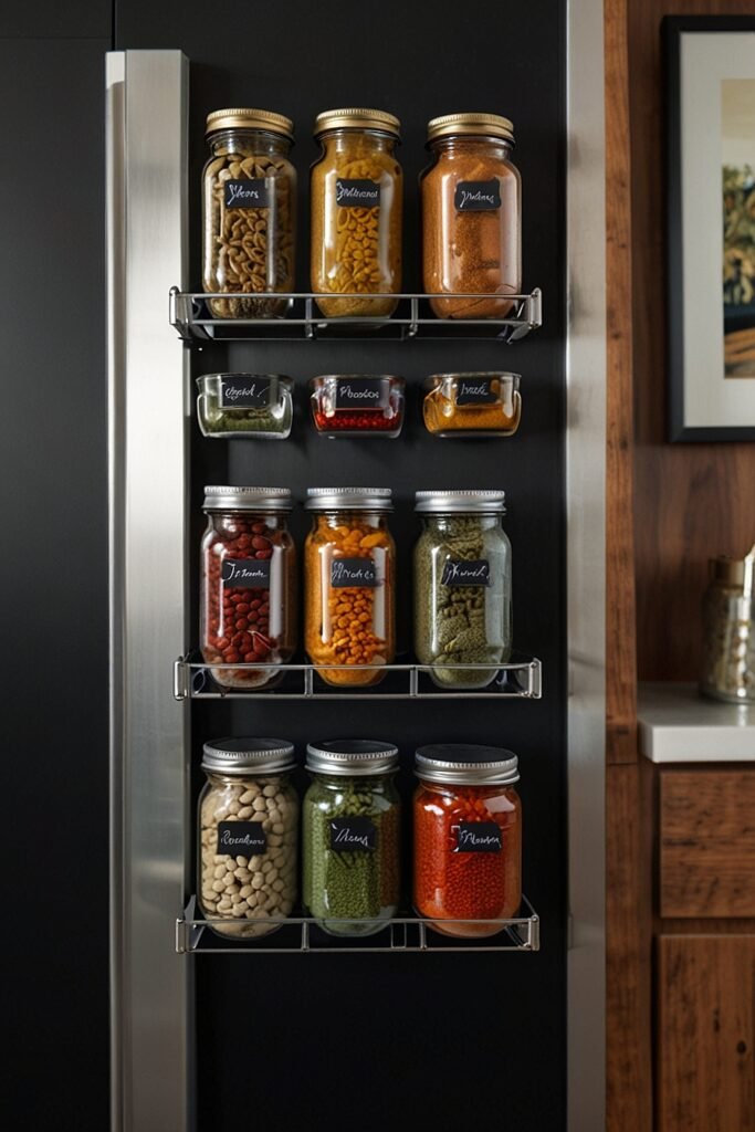 Magnetic spice rack with organized spice jars on the fridge.