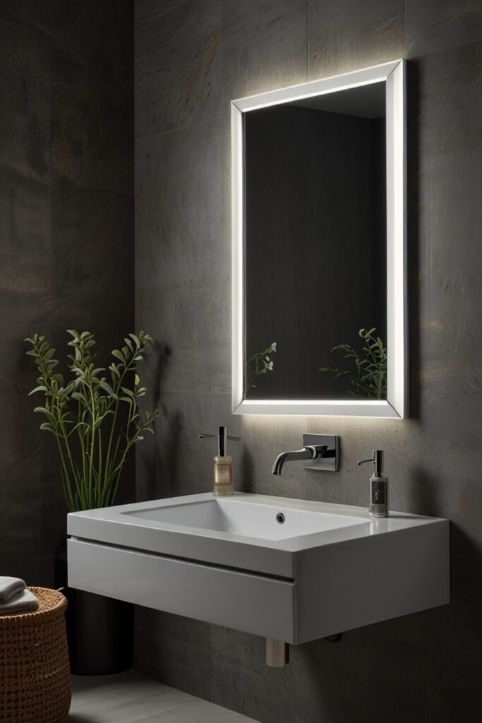 Wall-mounted vanity mirror with LED lights in a modern bathroom.