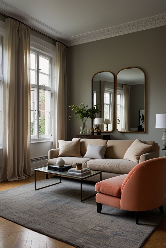 Large mirror in a small living room, reflecting light and creating a sense of openness.