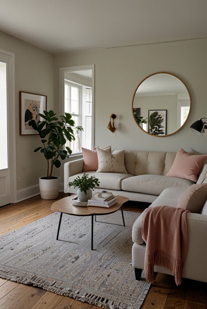 Large mirror on a wall in a small living room, reflecting light and creating a sense of space.