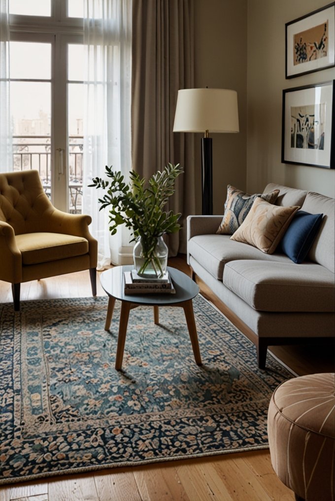 Rug defining seating area in a living room, adding texture and creating zones.