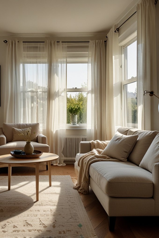 Bright and airy small living room with light colors and natural light from windows.