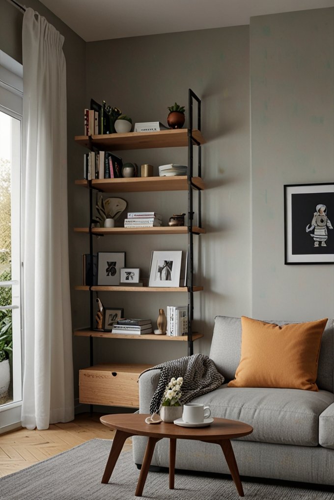 Tall shelves and wall-mounted storage units in a small living room, creating an organized and open feel.