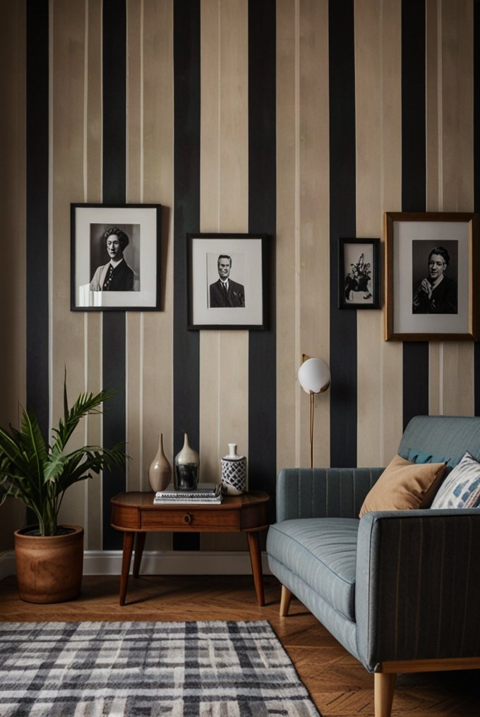 Vertical stripes in a small living room, adding height and making the space feel larger.