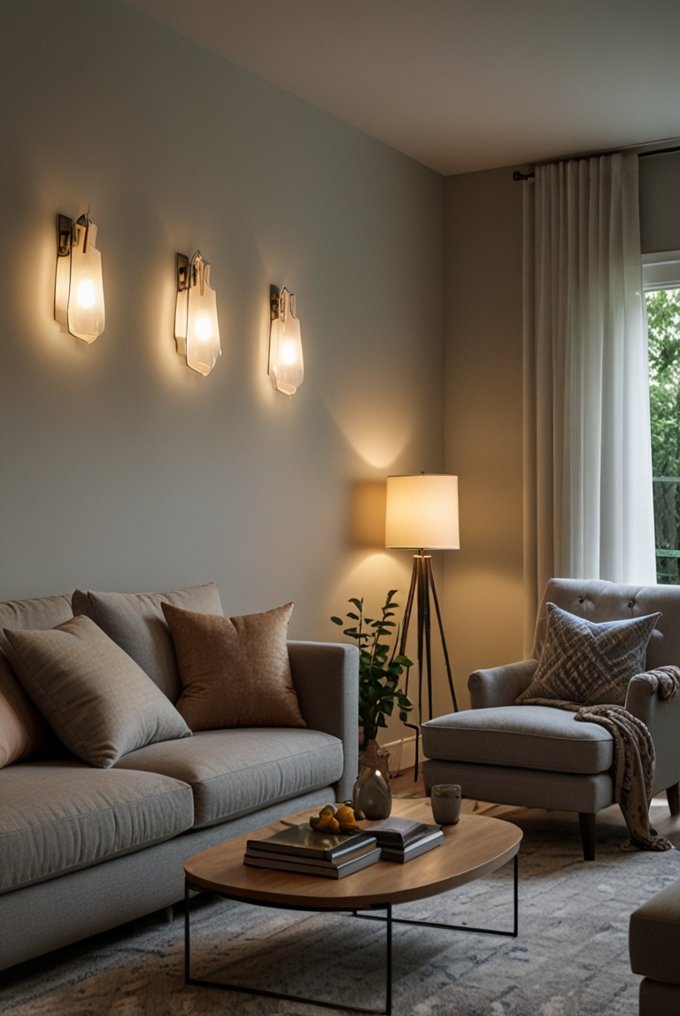 Slimline wall-mounted lights in a small living room, brightening the space without cluttering the floor.