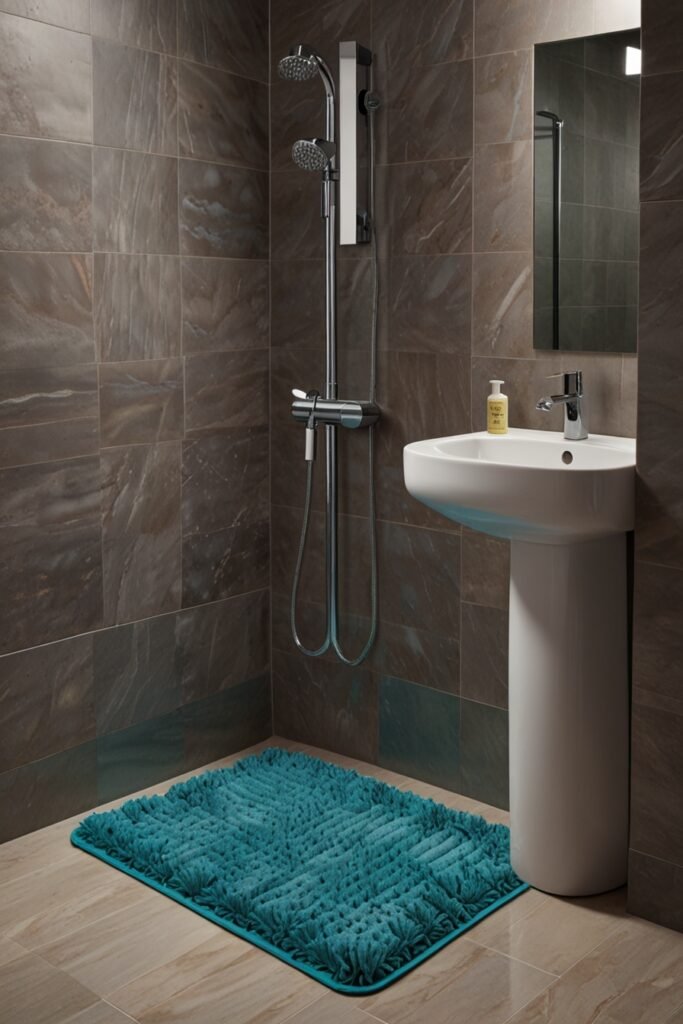 Plush memory foam shower mat in a bathroom.