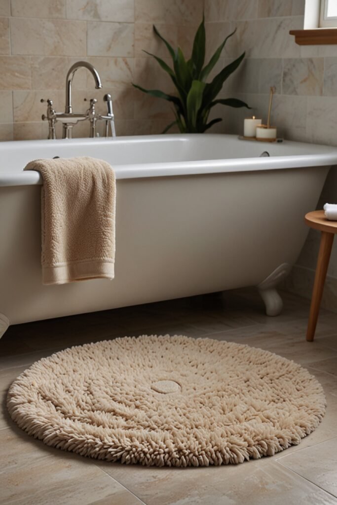 Plush bath mat in front of a bathtub for a spa-like feel.