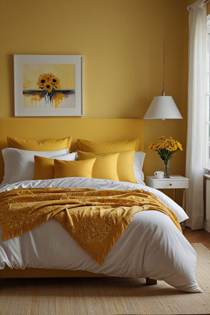 A bedroom featuring bright yellow walls and white furniture for a fresh, sunny vibe.