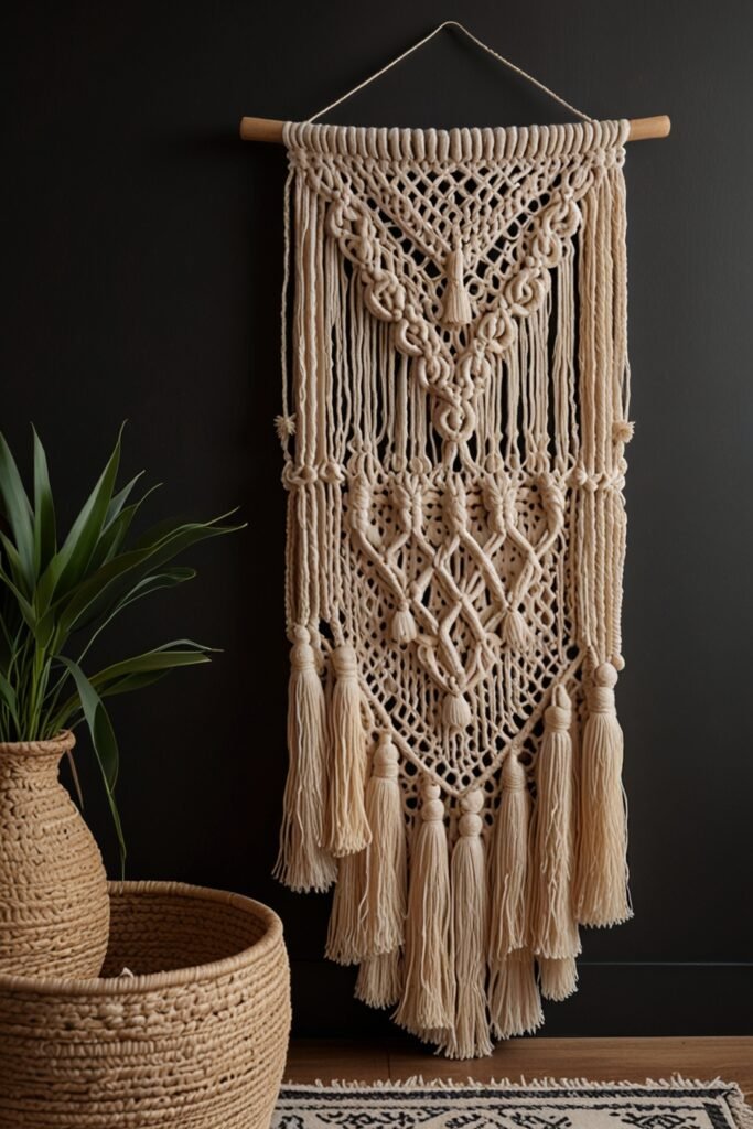 Macramé wall hanging with tassels on a bedroom wall.