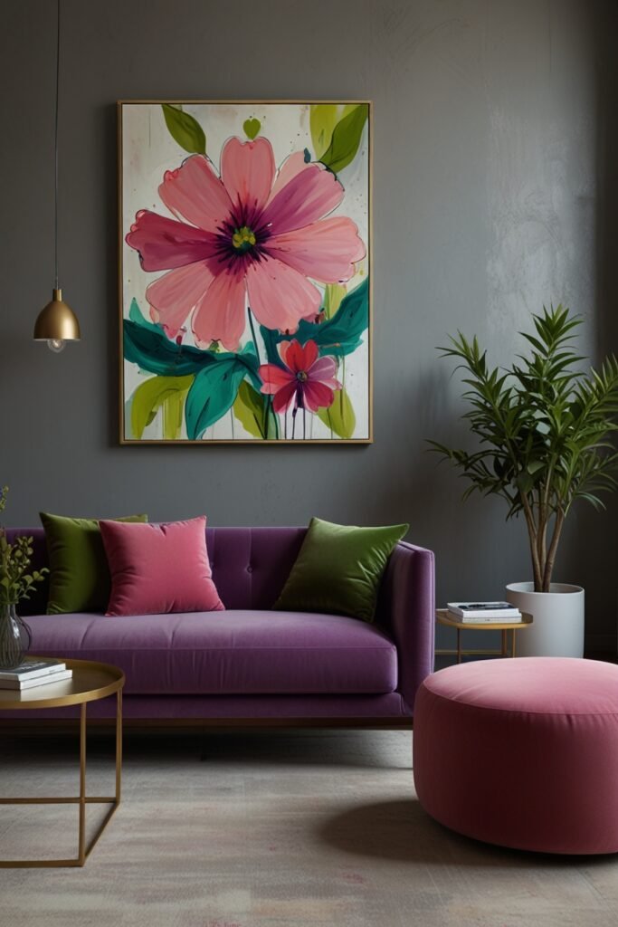 Abstract floral art with bright colors on a living room wall.