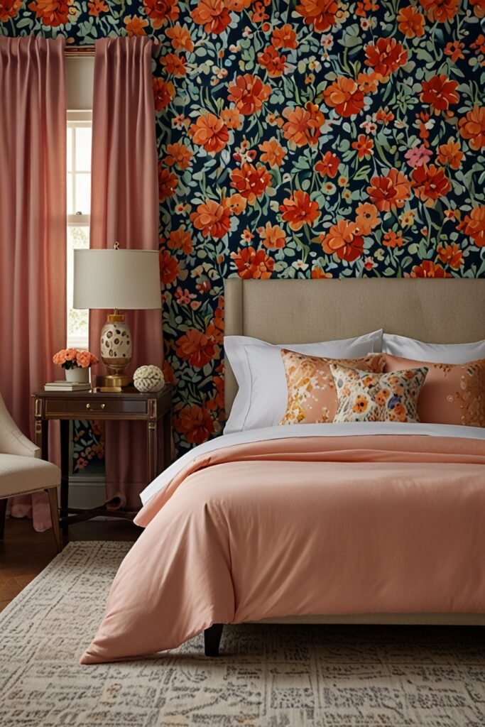 A bedroom with a floral wallpaper accent wall, cozy bedding, and coordinated curtains.