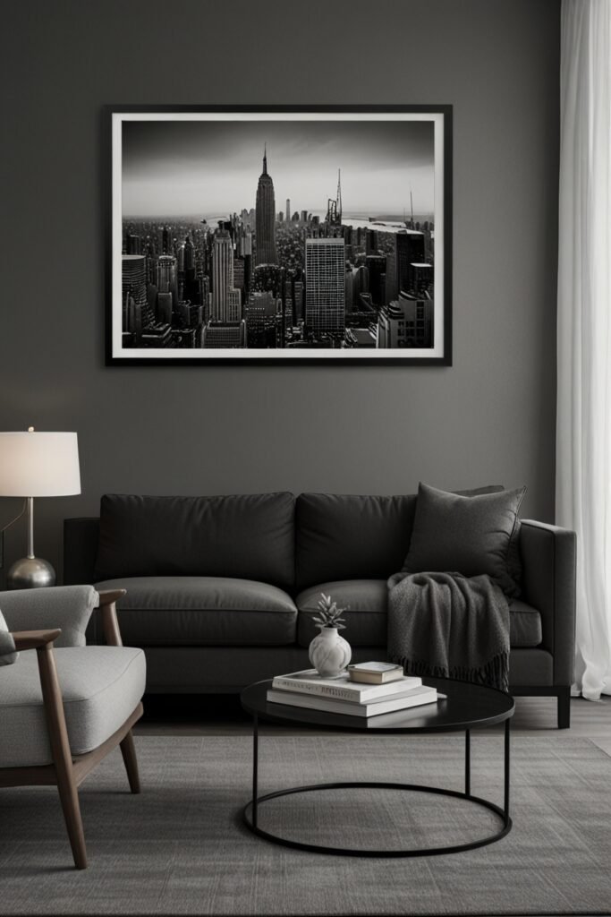 Black and white photograph of a cityscape framed on a wall.