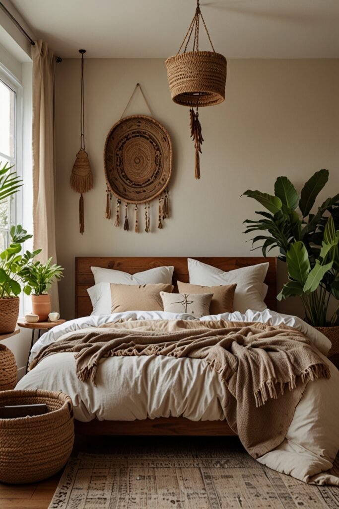 Cozy boho bedroom with earthy hues, wood accents, and greenery, creating a warm and grounded space.