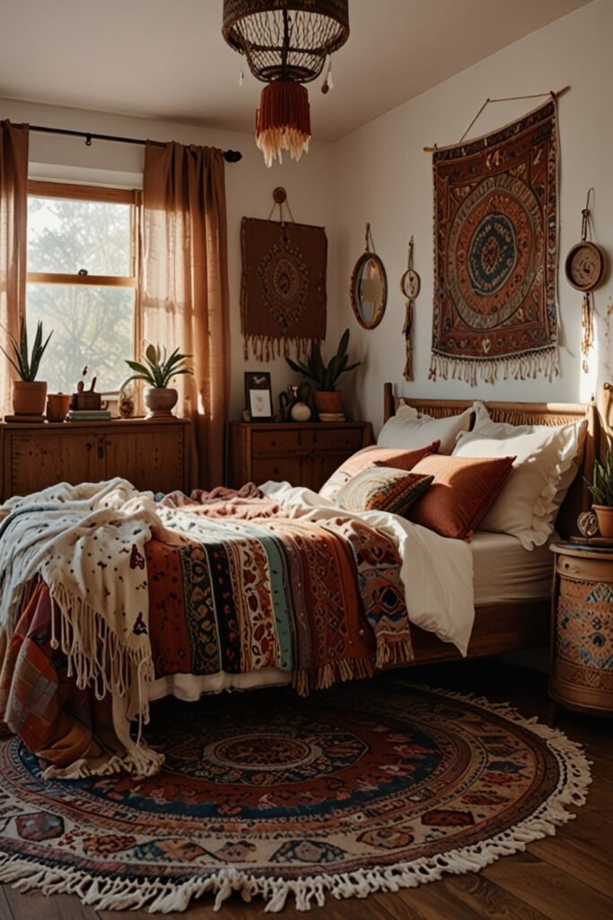 Gypsy-inspired boho bedroom with colorful decor, eclectic rugs, and playful textiles for a whimsical, free-spirited look.