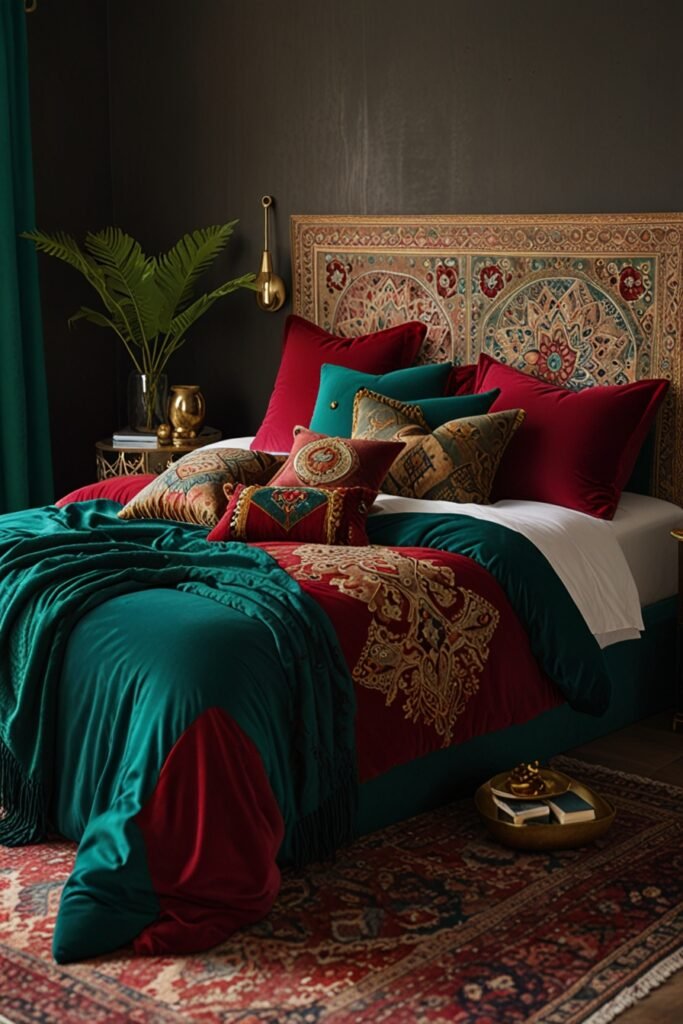 Rich boho bedroom featuring jewel tones and velvet cushions, creating a luxurious and sophisticated atmosphere.