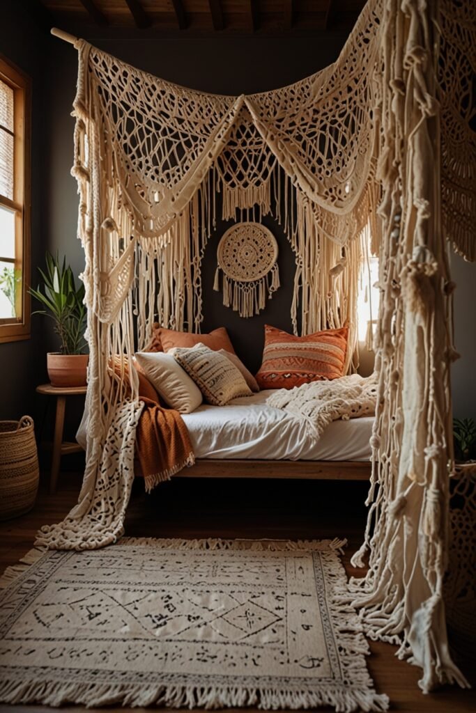 Boho bedroom with macramé decor, including wall hangings and a bed canopy, creating a peaceful, bohemian atmosphere.