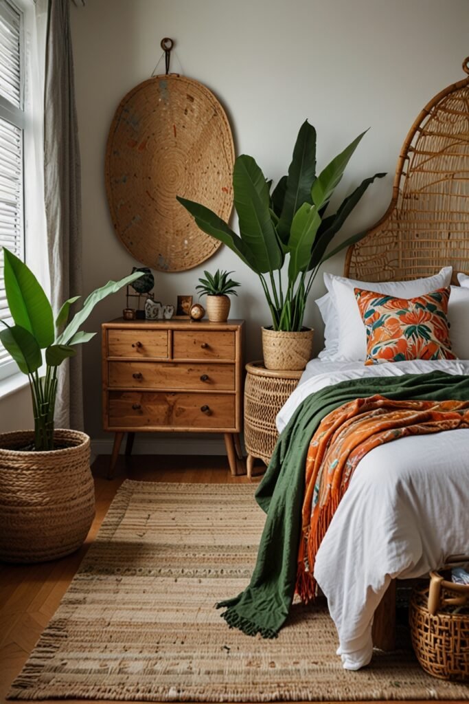Tropical boho bedroom with lush greenery, bamboo decor, and vibrant textiles creating an exotic and refreshing space.