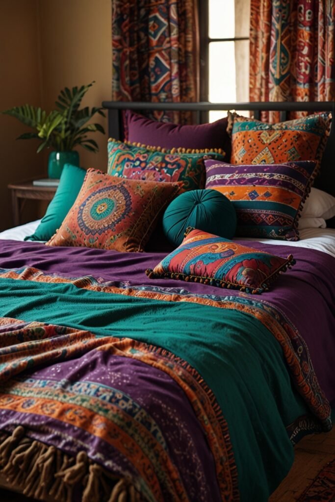 Vibrant Boho Bedroom with Colourful bedsheet.