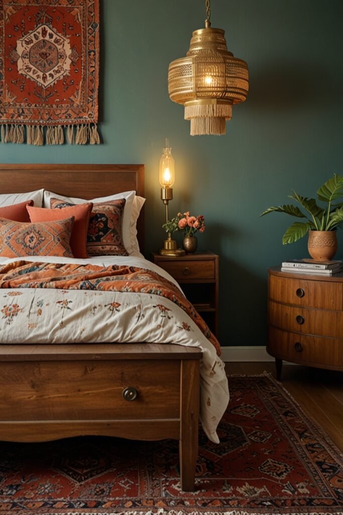 Vintage-inspired boho bedroom blending antique furniture and modern touches for a timeless aesthetic.
