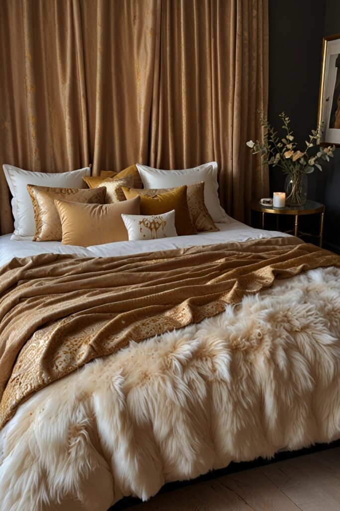 Chic boho bedroom with metallic gold details and plush velvet, creating a luxurious, bohemian atmosphere.