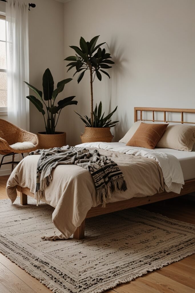 Boho minimalist bedroom with neutral color scheme, wooden furniture, and simple decor elements creating a serene atmosphere.