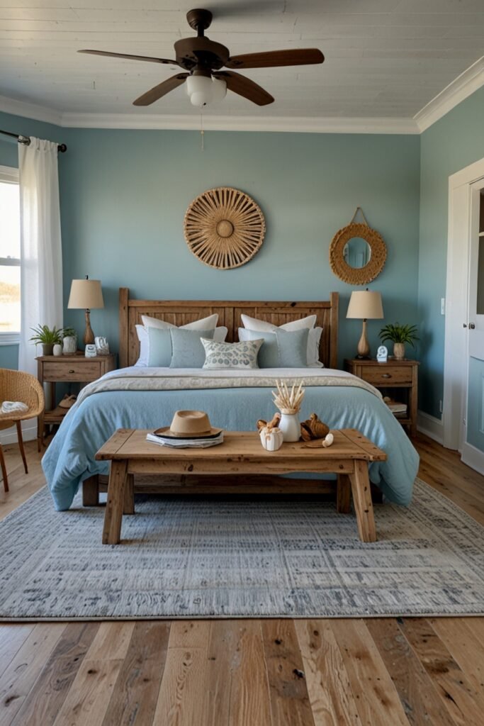 Coastal-inspired boho bedroom with light blues and natural textures like driftwood and seashells, creating a serene atmosphere.