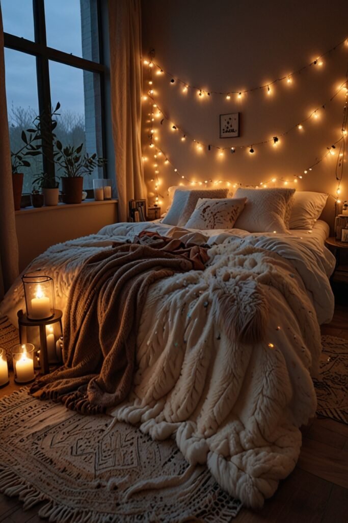 Hygge-inspired boho bedroom with cozy textiles and soft lighting creating a warm, inviting space.