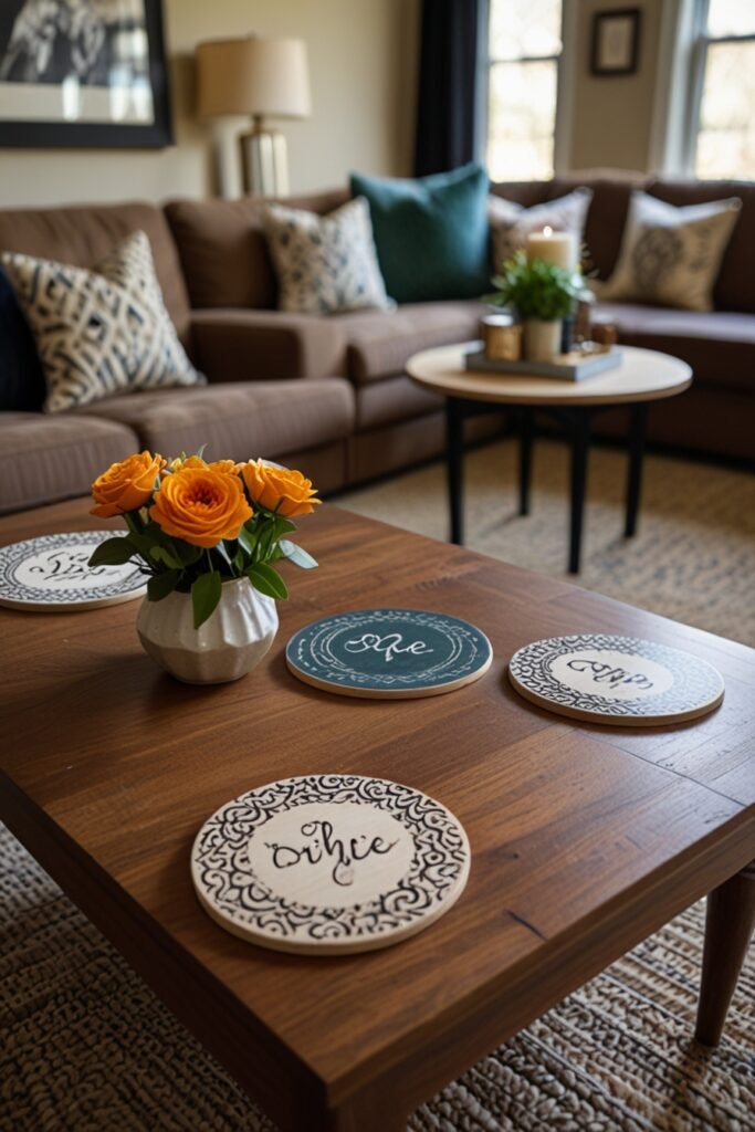 DIY personalized coasters on a living room coffee table, adding fun and practicality.