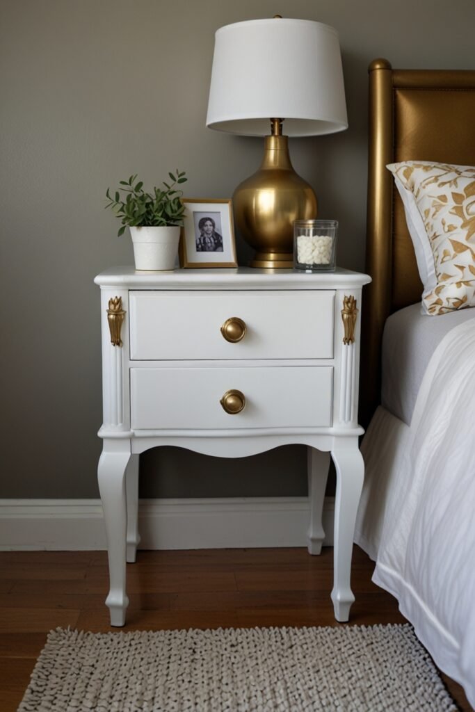 A revamped bedside table with white paint and brass knobs in a cozy bedroom.