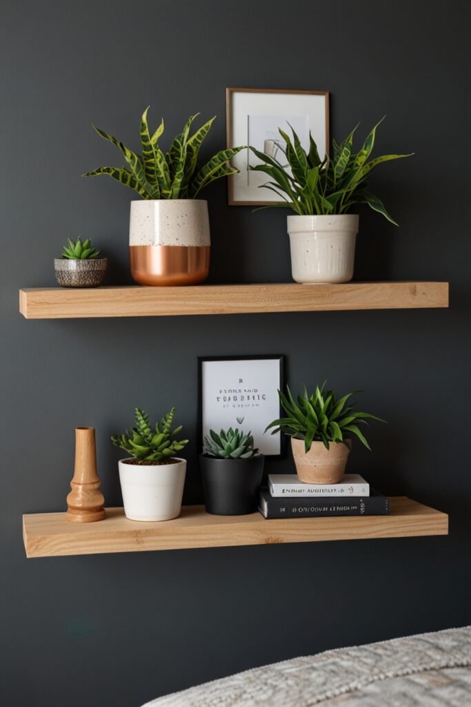 A bedroom featuring floating shelves with books and greenery for added style and storage.