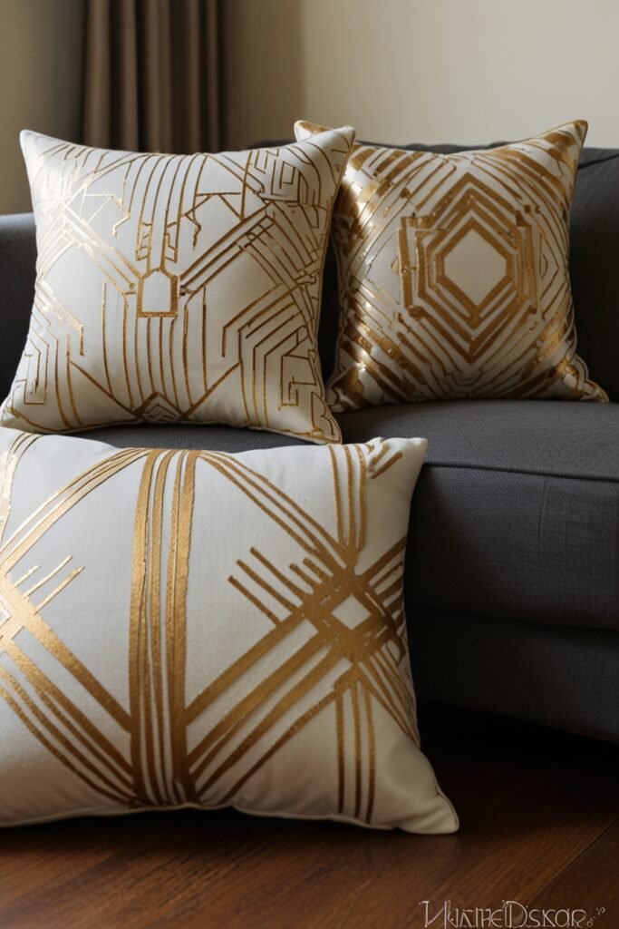 throw pillows with bold geometric patterns and metallic accents.