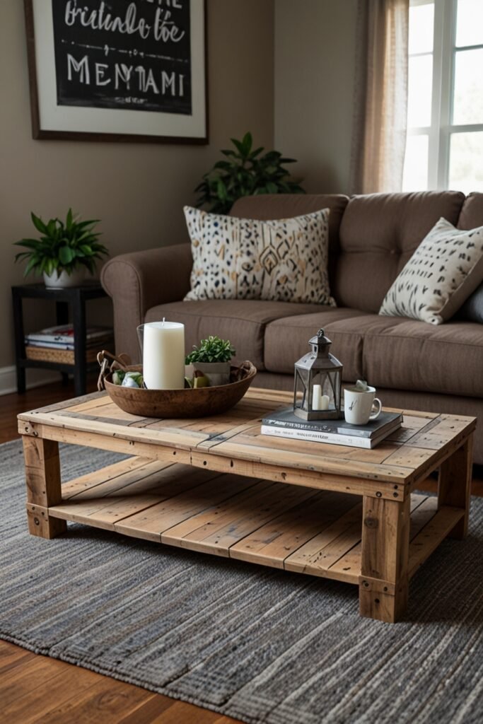 Upcycled pallet coffee table in a living room, adding rustic charm and functionality.