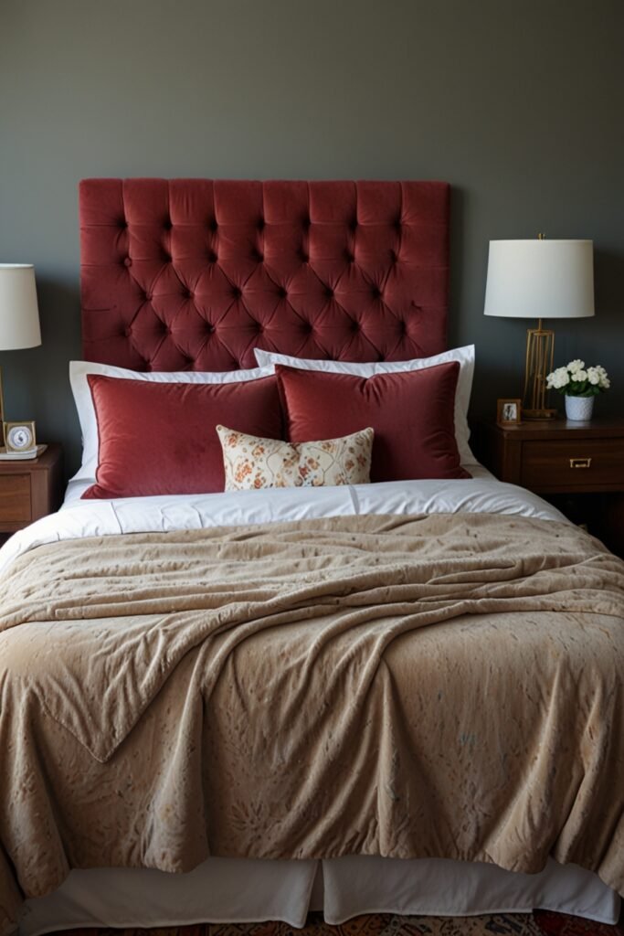 A bedroom with a handmade upholstered headboard in velvet and stylish bedding.