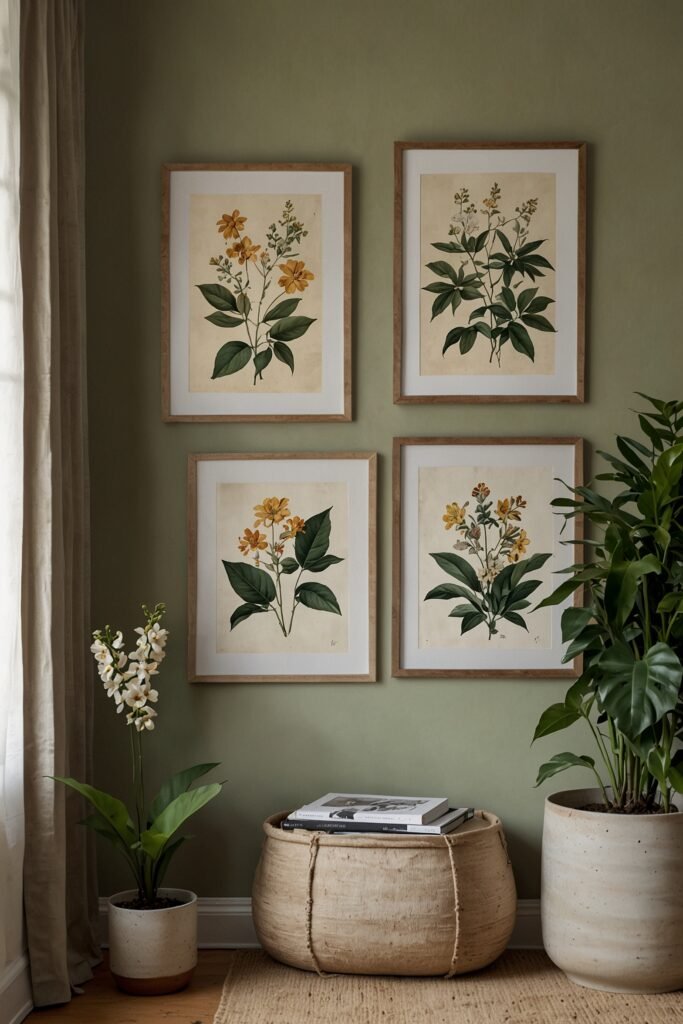 Framed botanical prints with leaves and flowers on a wall.