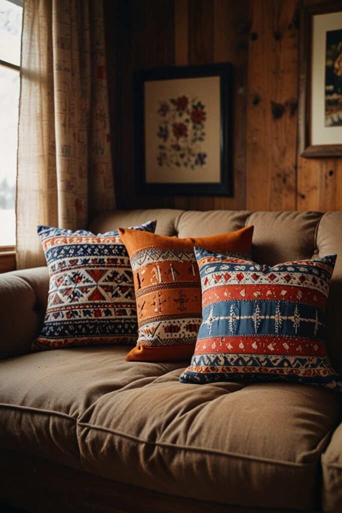 DIY cabin decor project with handmade pillow covers for a cozy atmosphere.