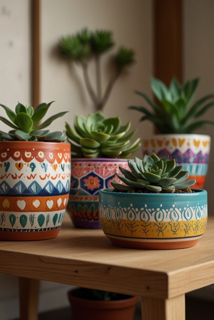 Hand-painted planters with colorful designs, adding a natural and artistic touch to the living room.