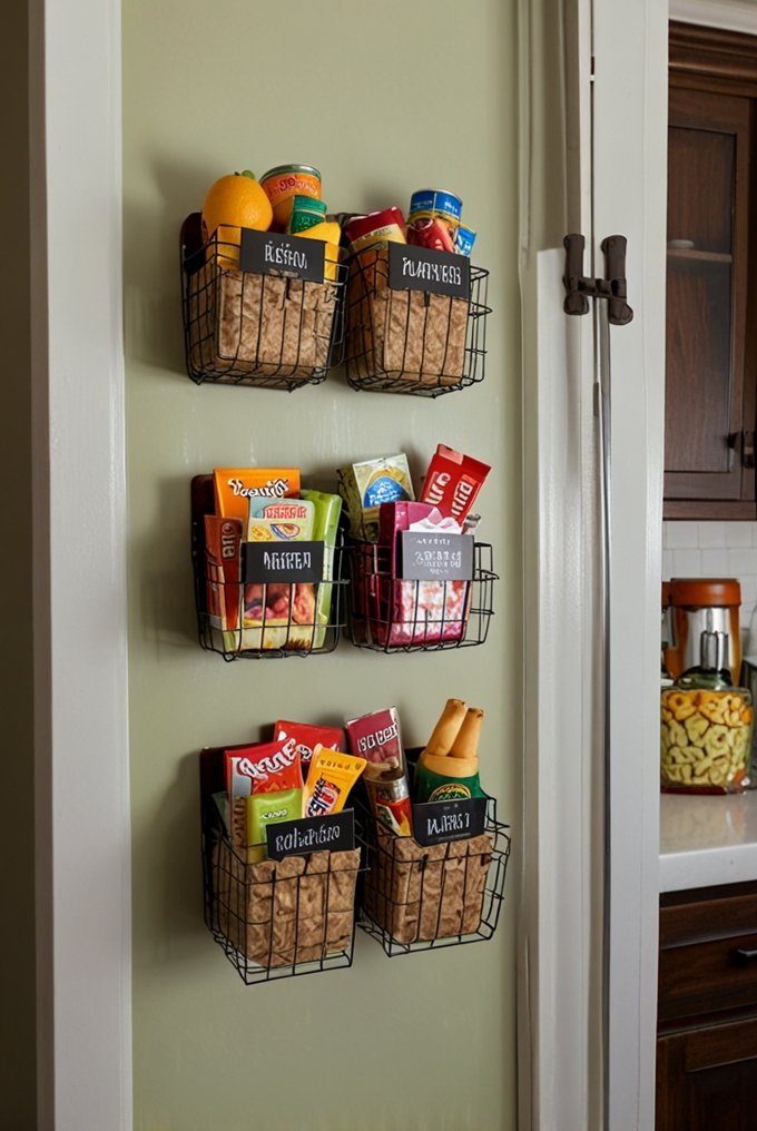 Hanging pantry baskets mounted on a kitchen wall.