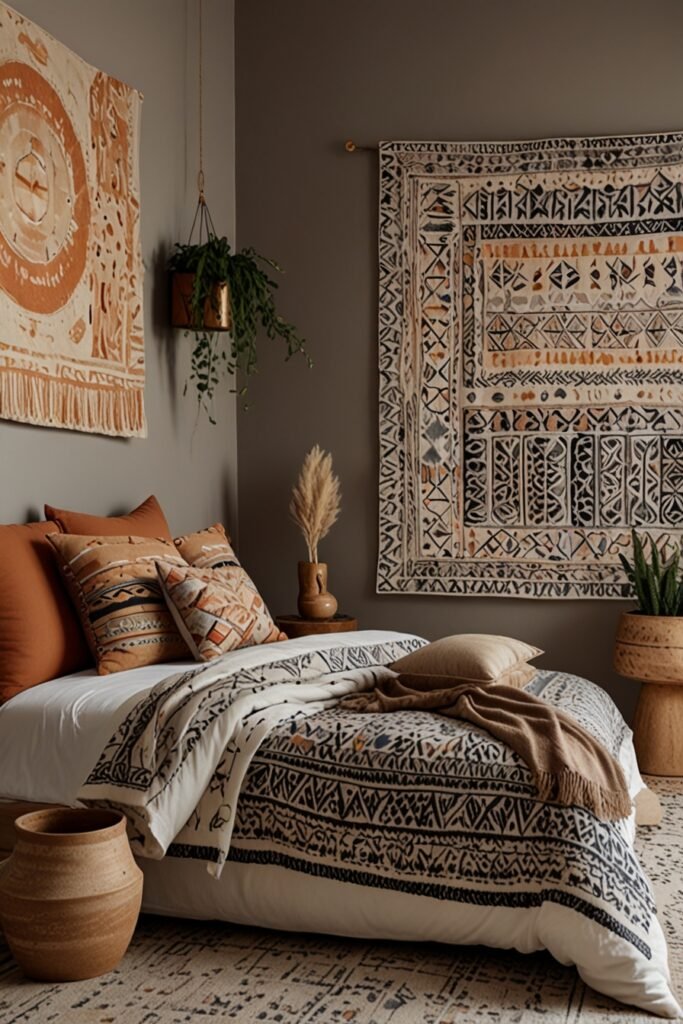 Modern boho bedroom featuring clean lines, abstract art, and geometric patterns, blending minimalist design with bohemian elements.