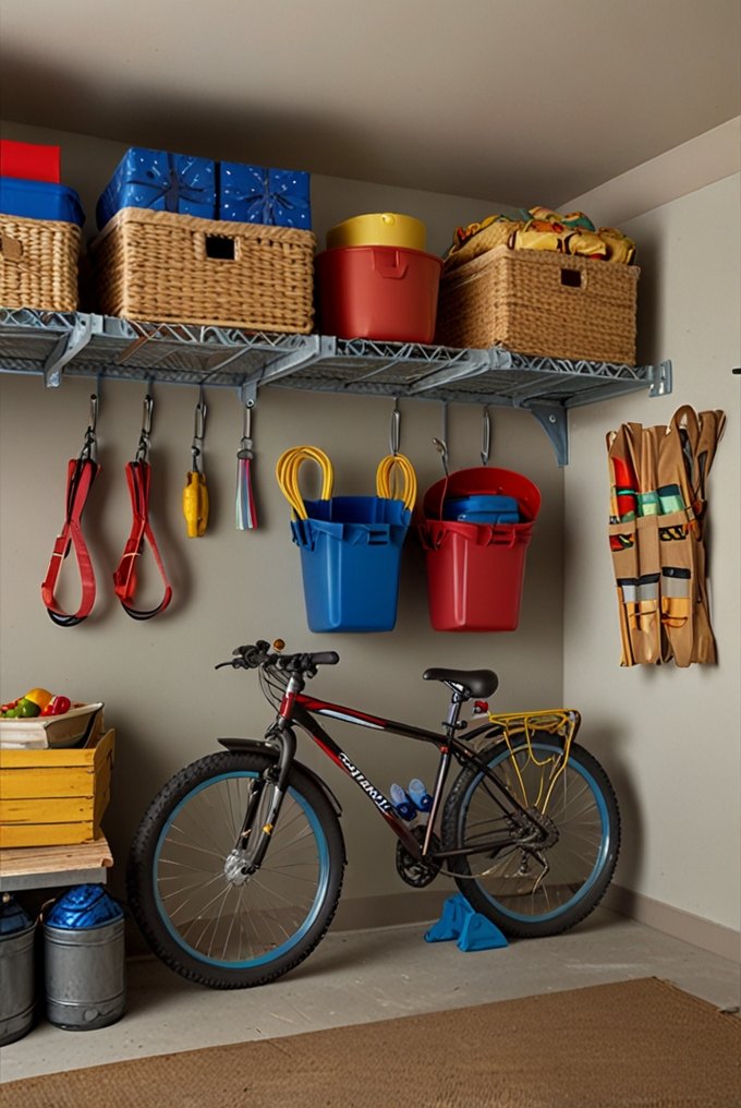 Overhead garage storage for seasonal items.