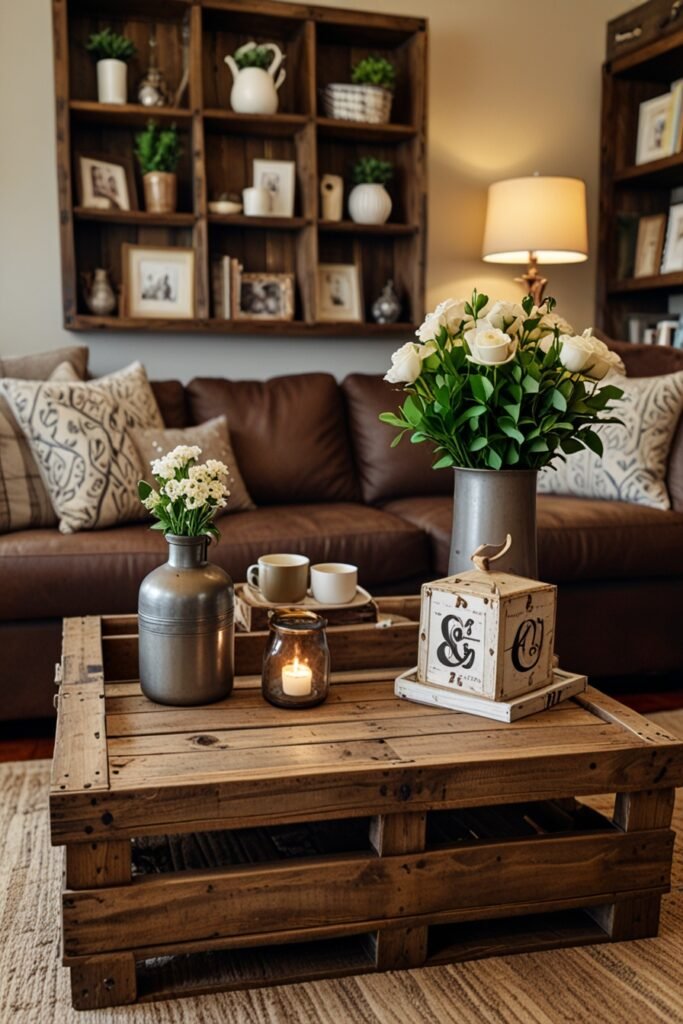 DIY repurposed wooden crates as a coffee table in a cozy rustic living room.